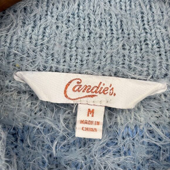Candie's Crop Mock Neck Fuzzy Eyelash Fur Fabric Knit Sweater Blue Stripe Medium - Picture 5 of 7